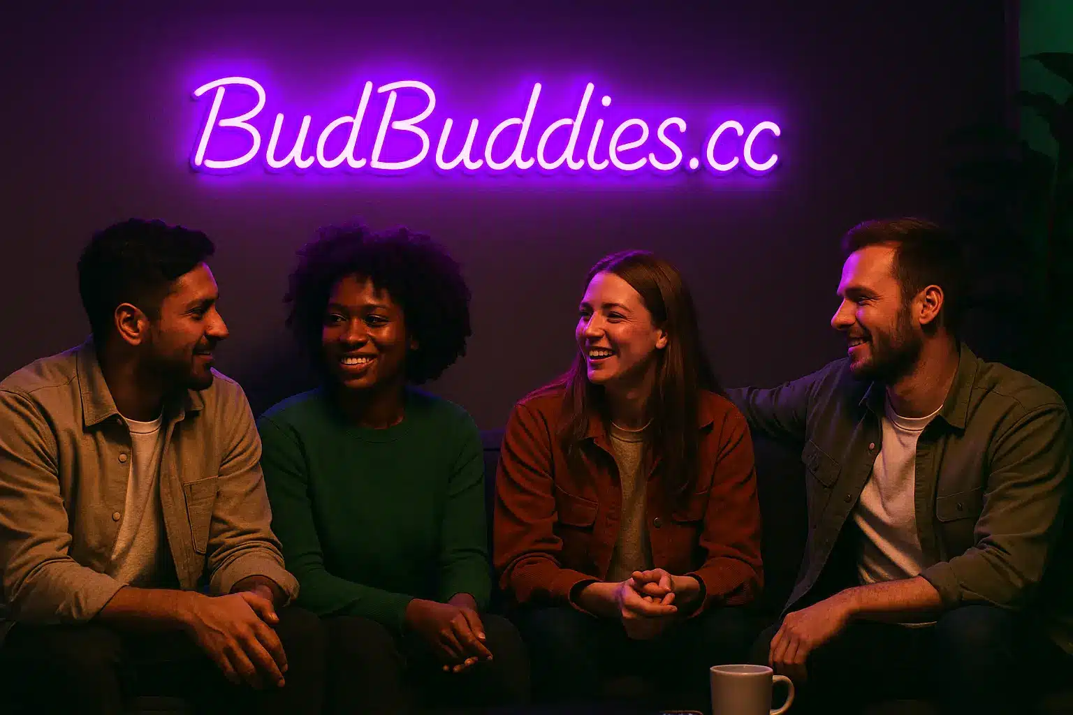 Four friends in a cozy lounge with purple-green ambient lighting, chatting and smiling beneath a neon ‘BudBuddies.cc’ sign — modern, discreet BudBuddies vibe.