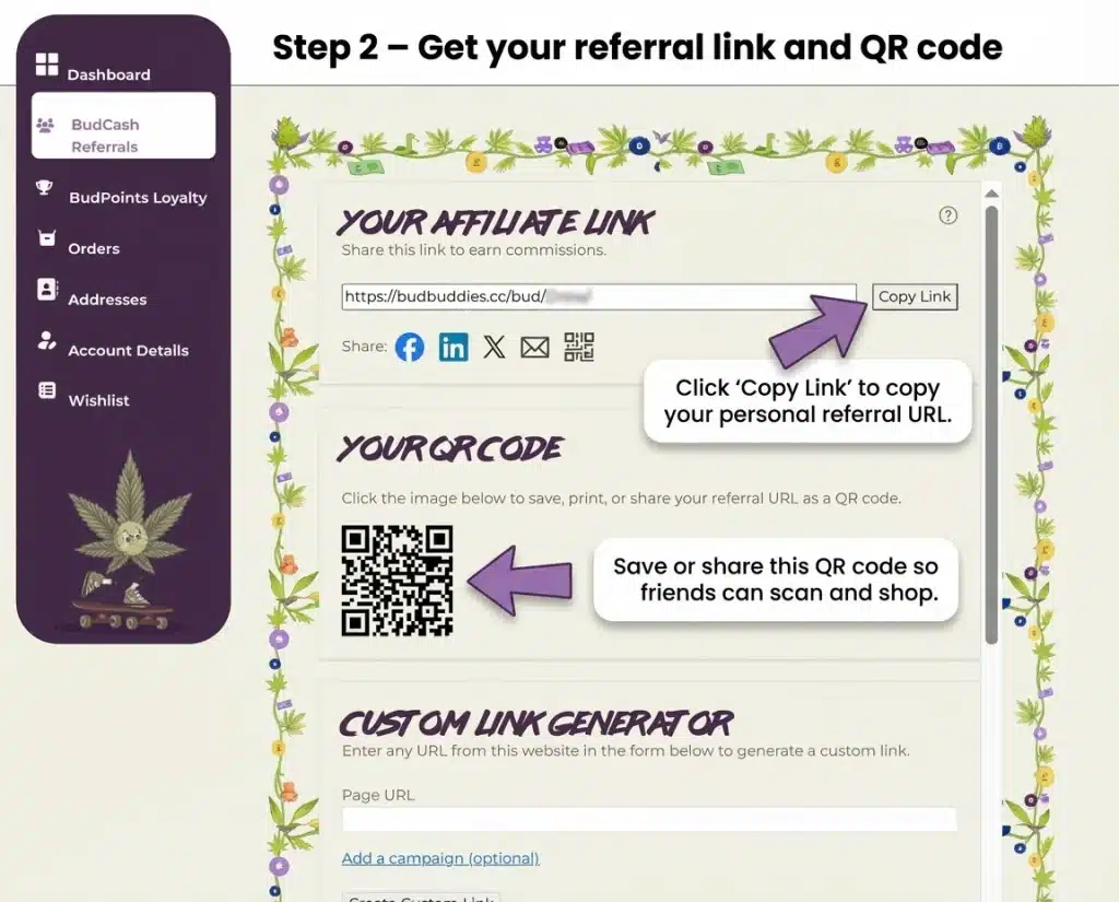 budbuddies budcash step 2 copy referral link qr code