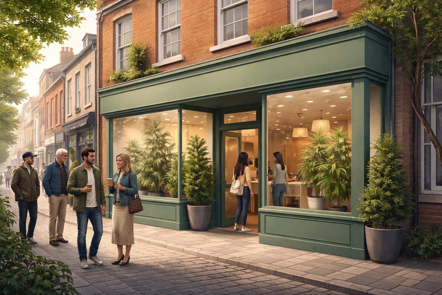 A calm street scene in Lisburn showing a cannabis dispensary with plants visible inside and people outside talking, surrounded by traditional buildings.