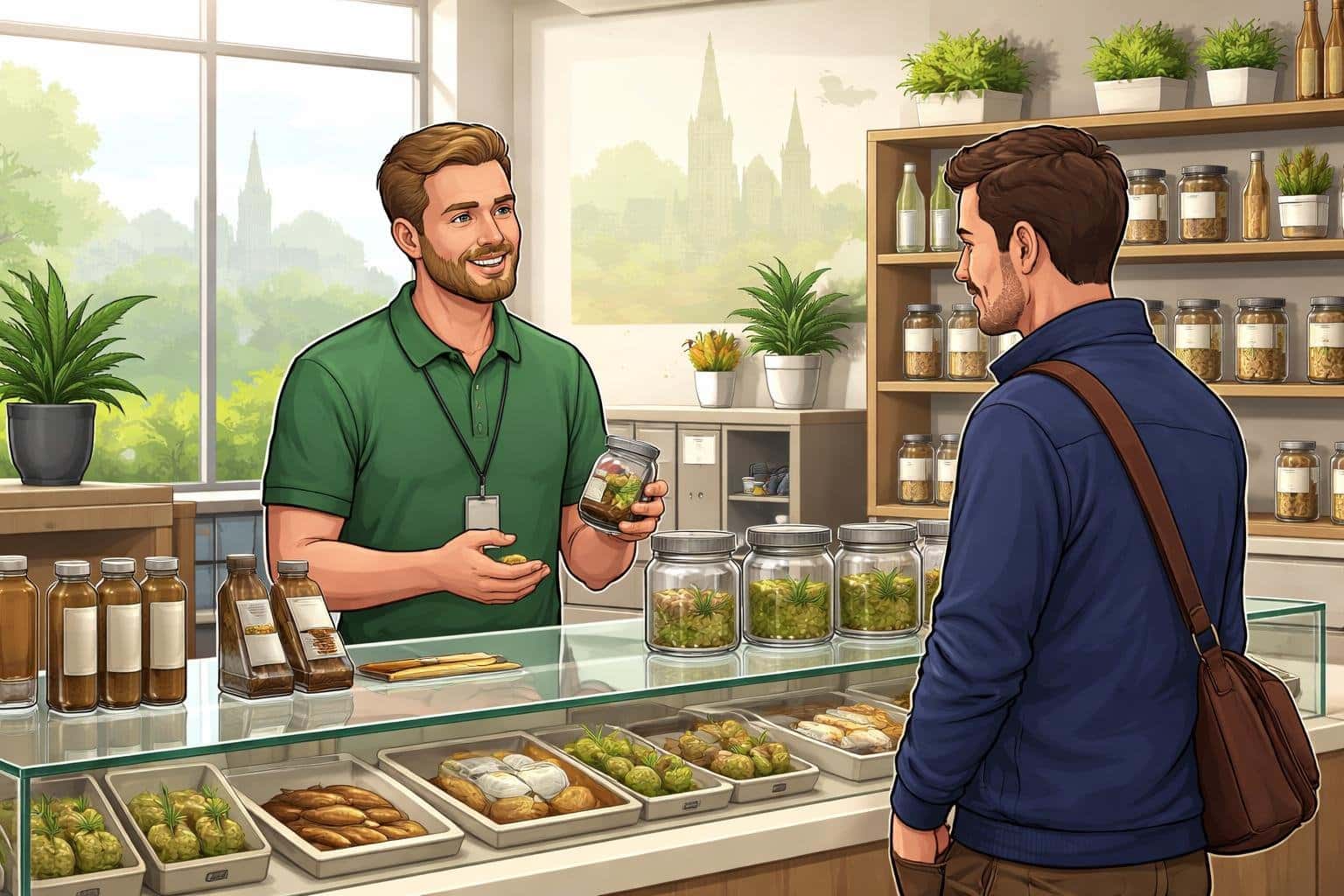 A customer talking to a shop assistant in a clean dispensary with cannabis products on display and a map of Lisburn in the background.