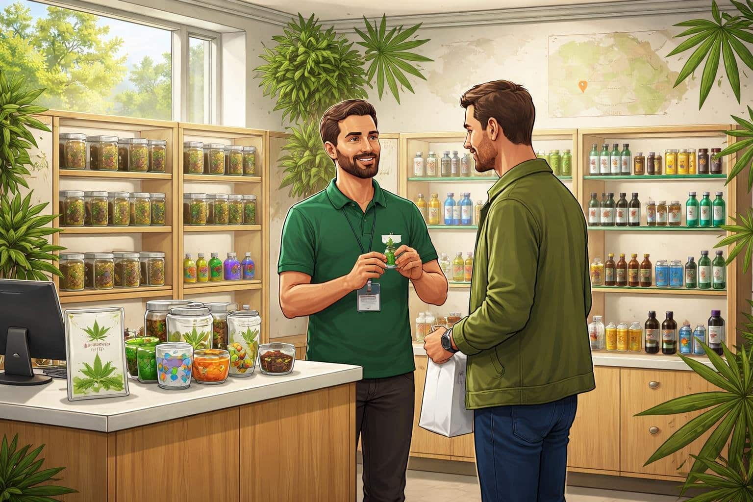 A clean and welcoming cannabis dispensary interior with a staff member helping a customer, displaying various cannabis products and local elements indicating Lisburn.