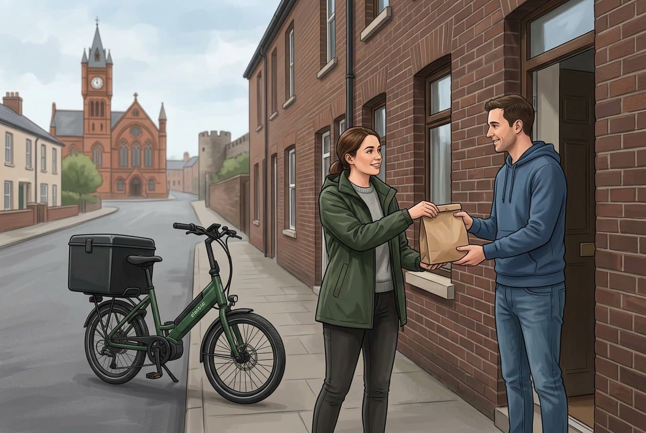 A delivery person handing a small package to a customer outside a house on a street in Derry with city walls visible in the background.