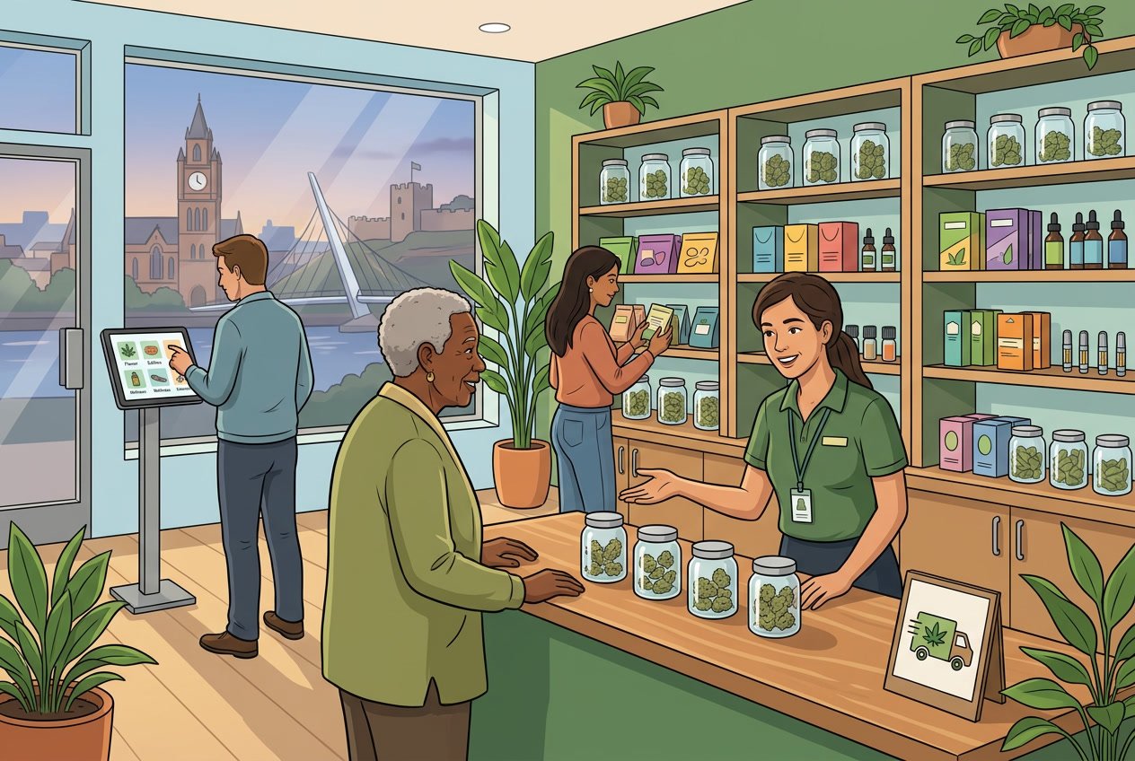 People choosing cannabis products in a modern dispensary with shelves of various items and a staff member assisting a customer.
