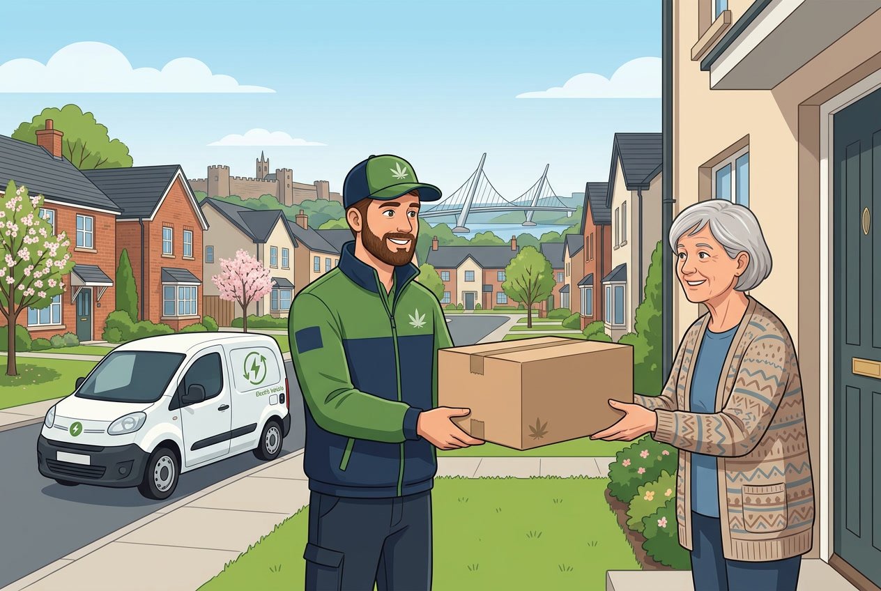 A delivery person handing a small package to a customer outside a house in a neighbourhood with Derry landmarks in the background.