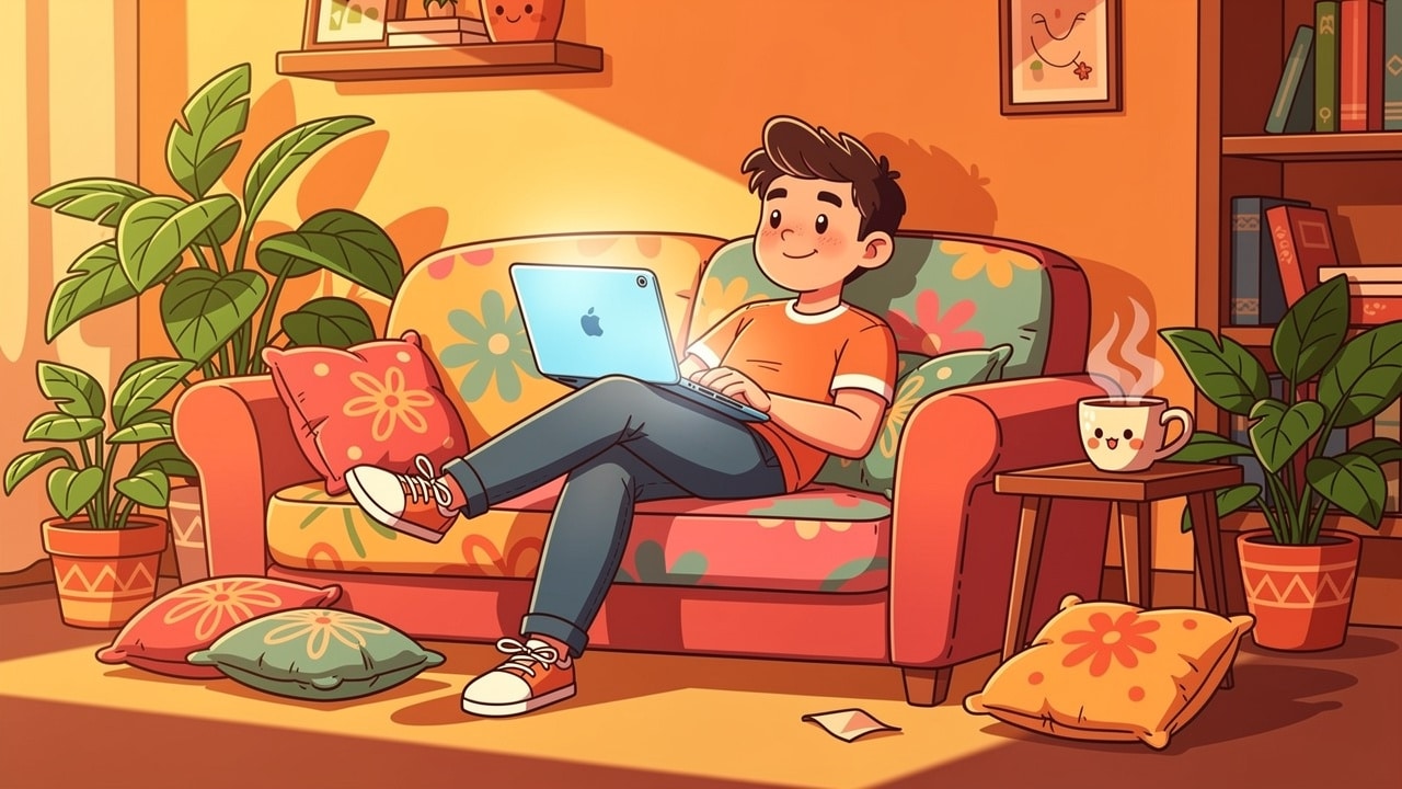 Cartoon person comfortably browsing cannabis menu at home