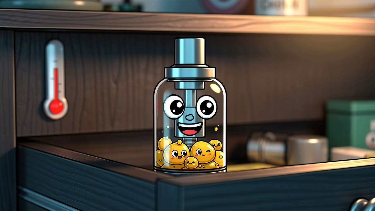 Cartoon vape cart stored correctly in cool dark drawer