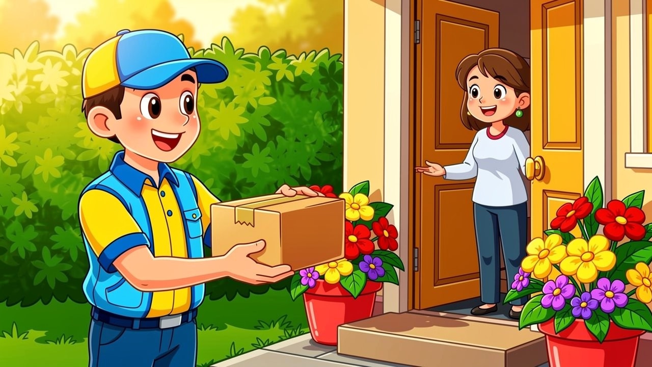 Cartoon courier handing discreet plain parcel to happy customer