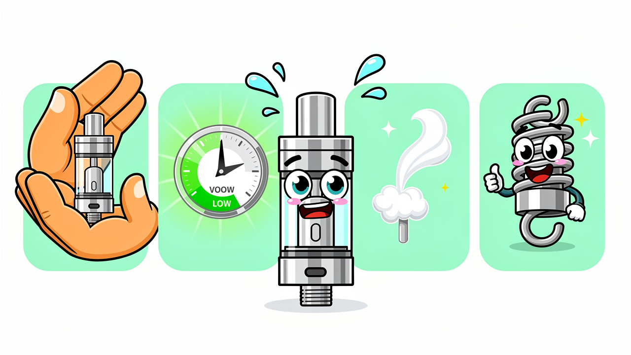 Cartoon steps to fix a burnt-tasting vape cartridge