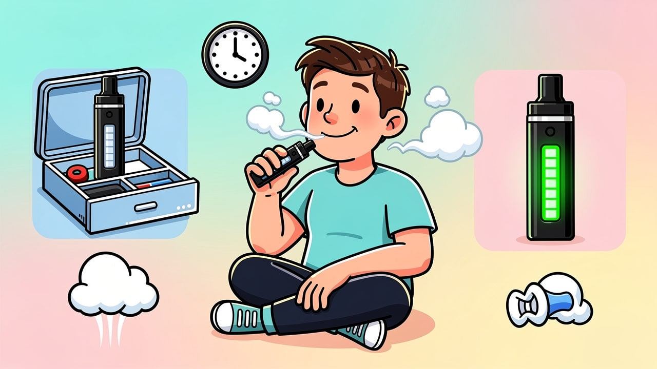 Cartoon showing good vaping habits to prevent burnt taste