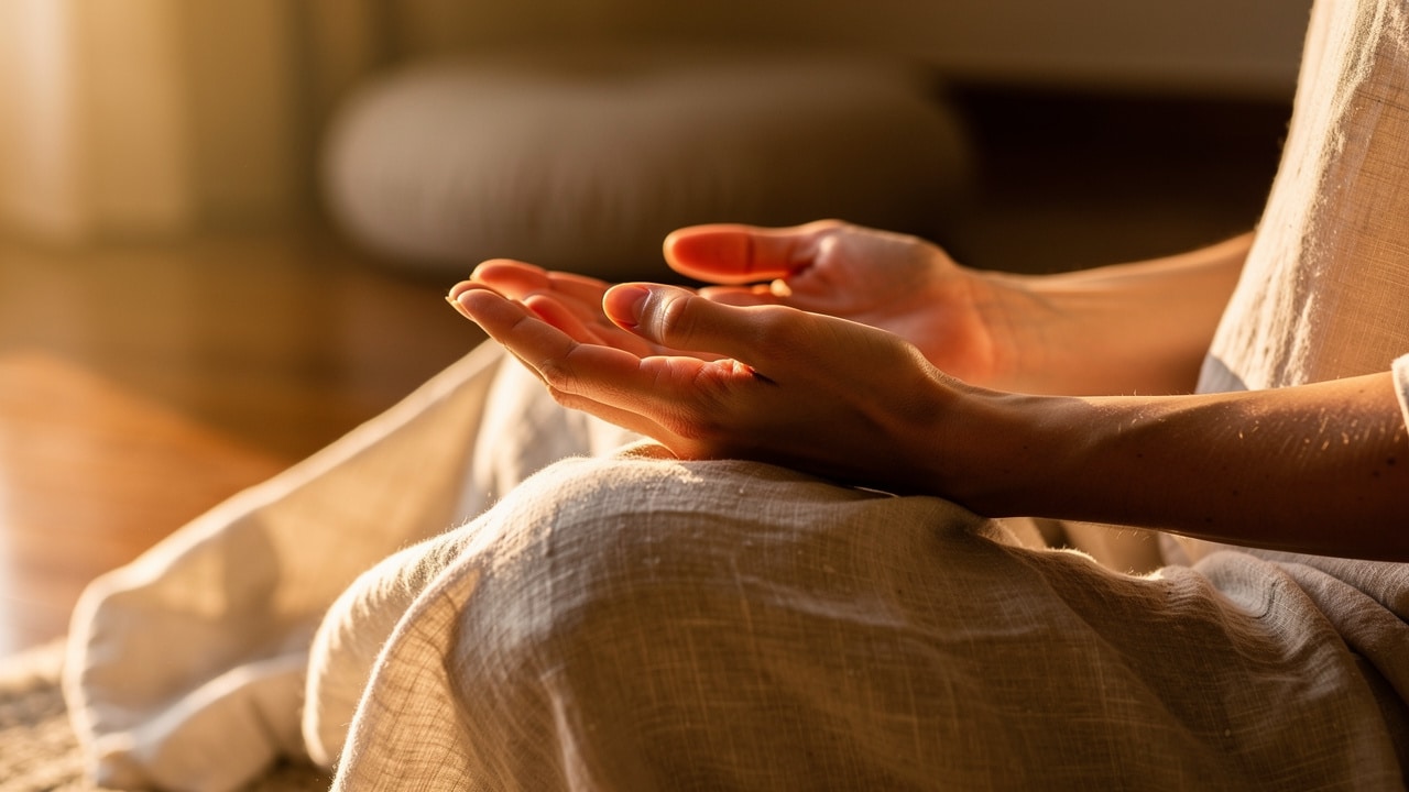 Relaxed open palms resting in lap during quiet meditation session