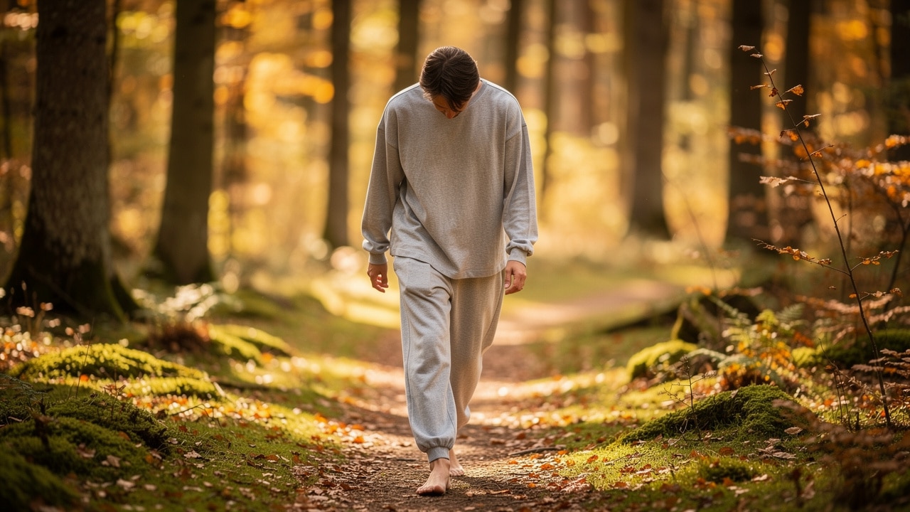 Person walking mindfully along a peaceful moss-covered forest path