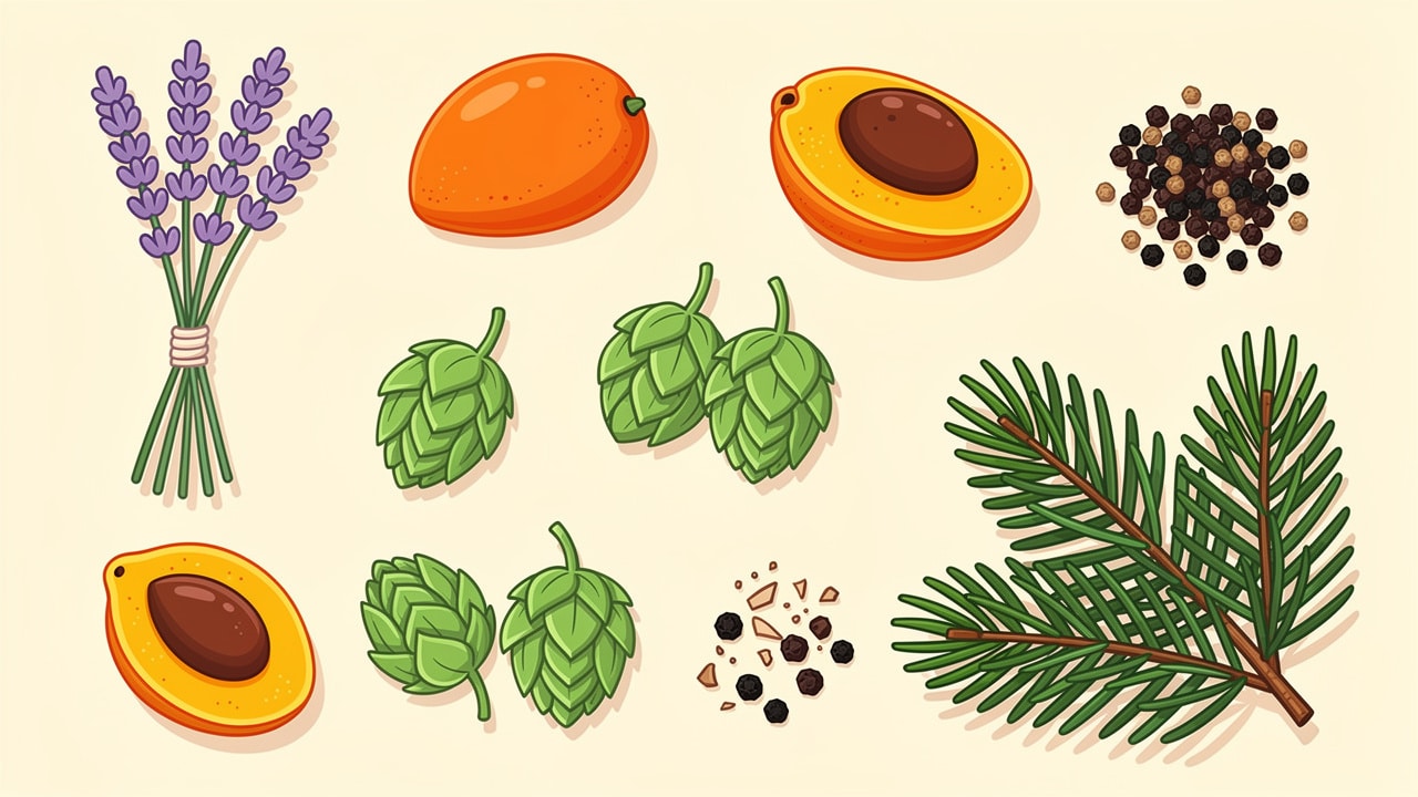 Cartoon illustration of terpene-rich plants including lavender and mango
