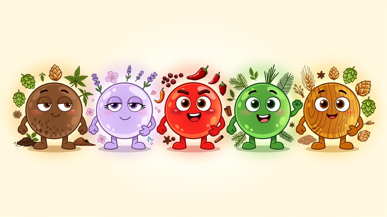 Five cartoon terpene characters ranked for sleep benefits