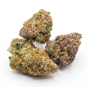 Macro photo of Papaya Frosting flower highlighting frosty trichome coverage