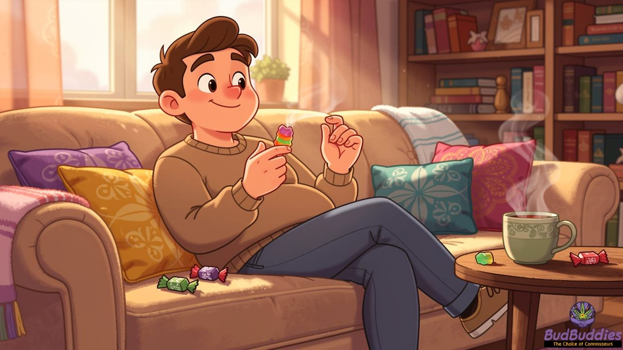 Adult relaxing at home enjoying THC sweets in the evening