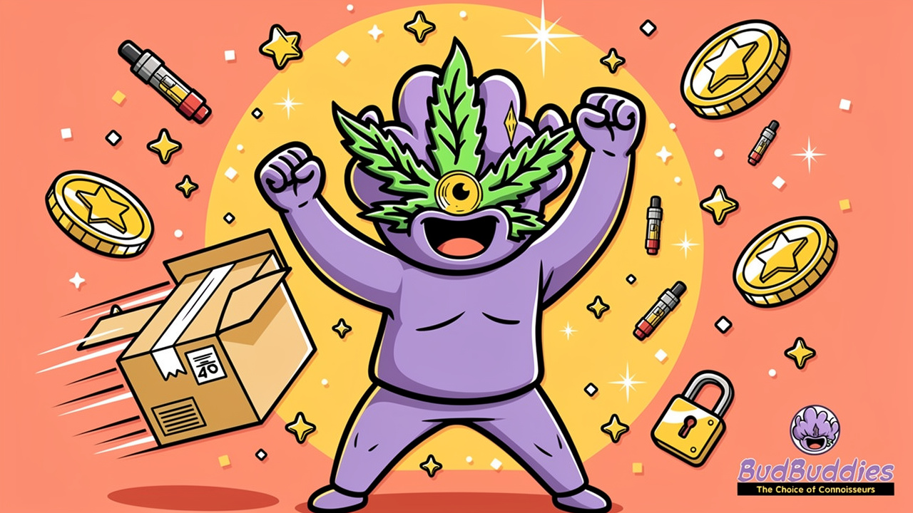 Cartoon character celebrating THC vape savings and rewards
