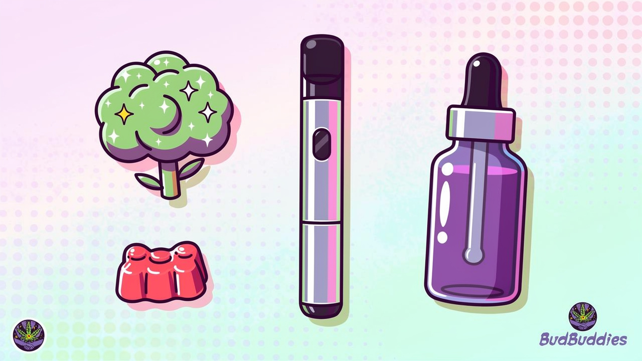Cartoon cannabis product range including flower edibles vapes and oils