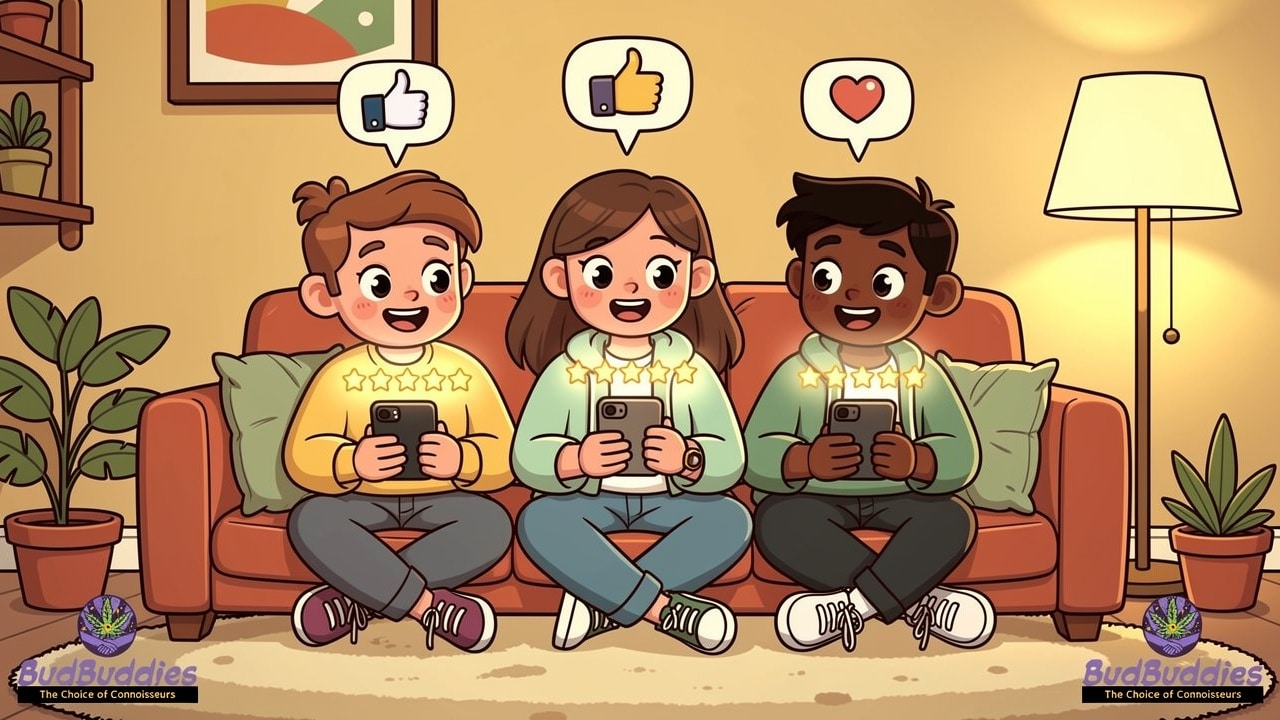 Cartoon of happy customers sharing positive cannabis dispensary feedback