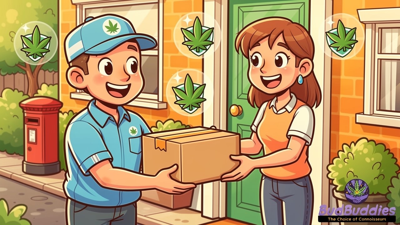 Cartoon of discreet cannabis parcel delivery at a UK doorstep
