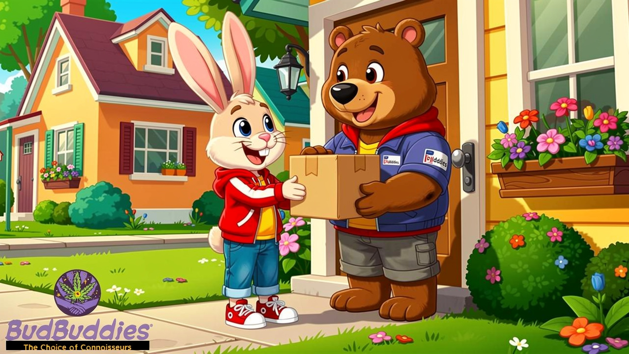 Cartoon rabbit receiving discreet plain parcel at front door