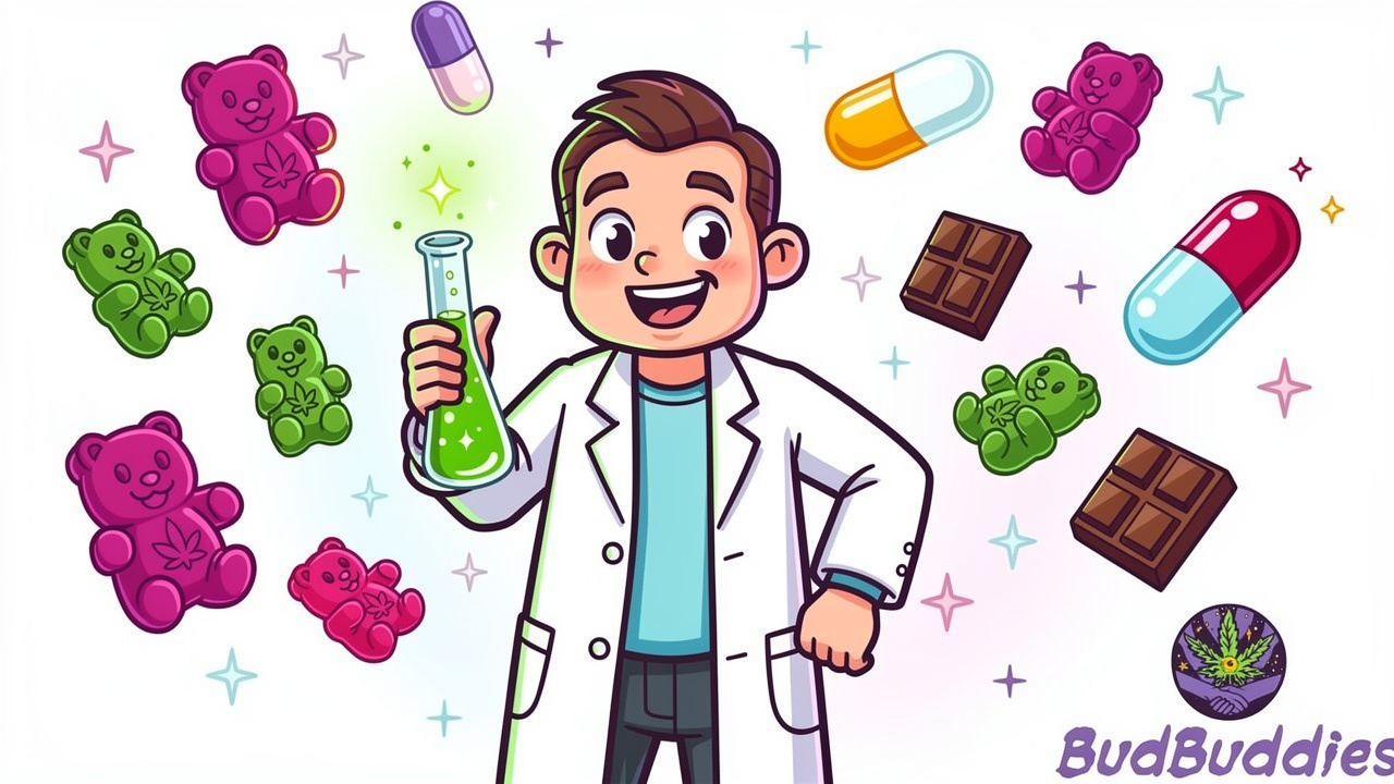 Cartoon scientist checking THC edible potency in a bright lab