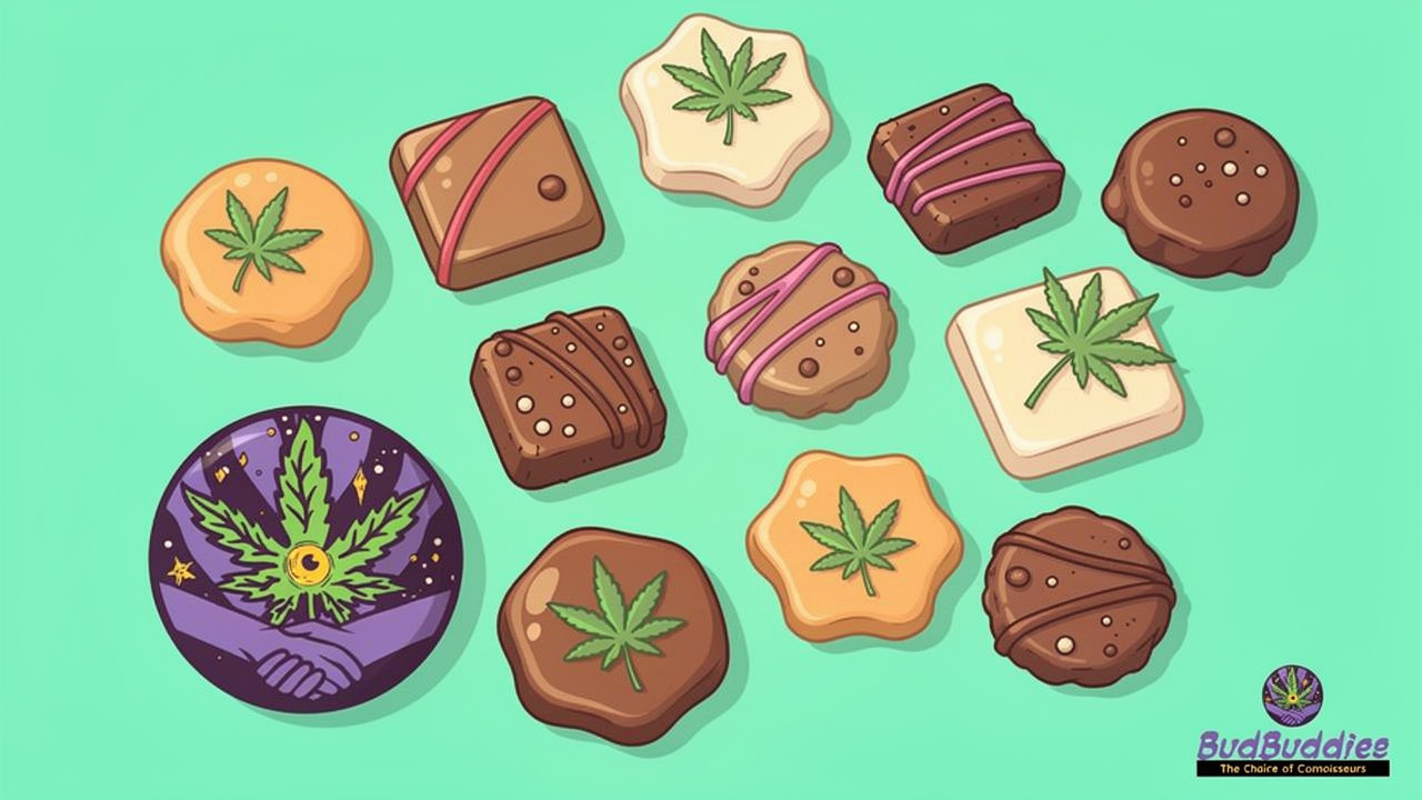 Colourful cartoon assortment of gummies, chocolates, and capsules