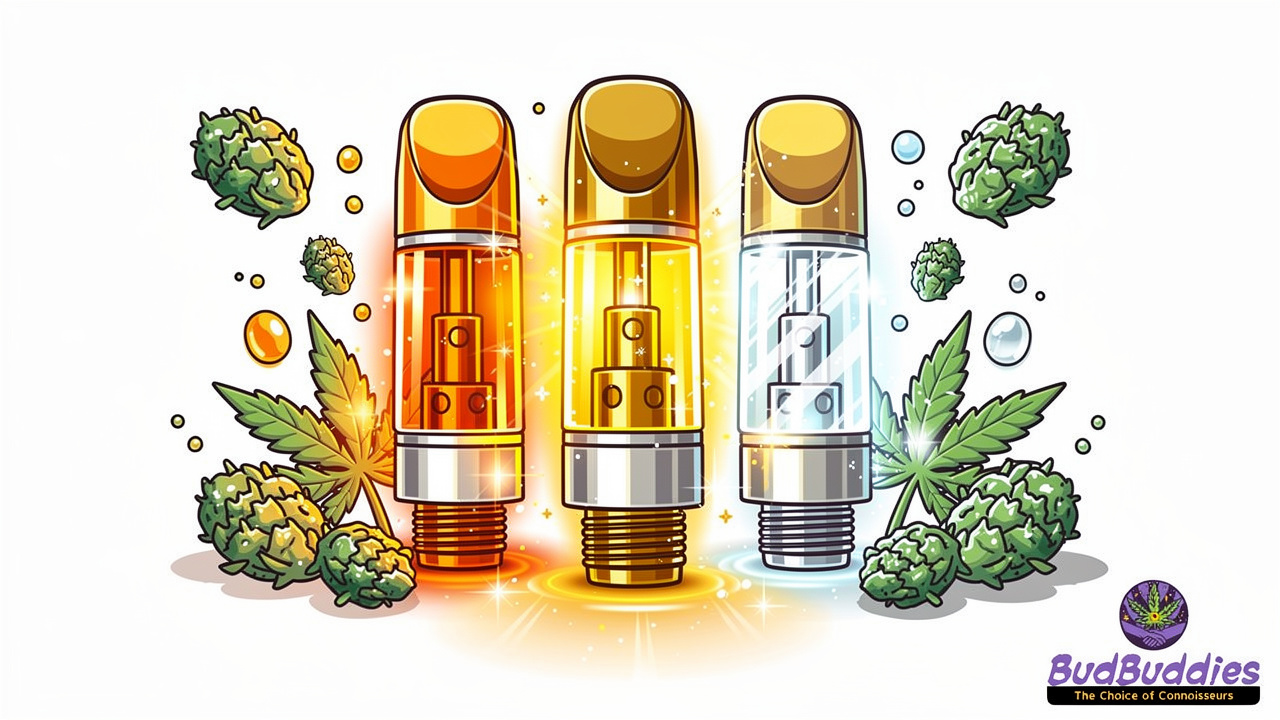 Three cartoon THC vape cartridge types side by side