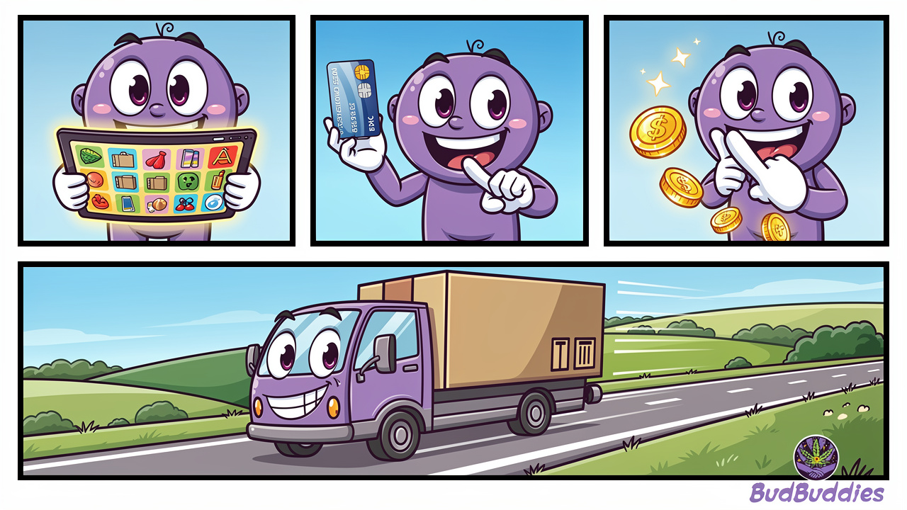 Cartoon three-step ordering and delivery process illustration
