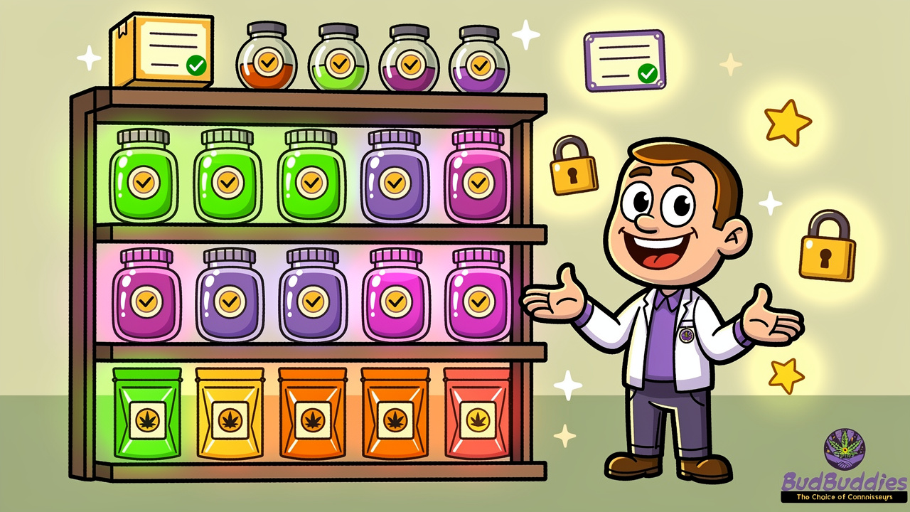 Cartoon dispensary shelf with lab-tested cannabis products and delivery icons