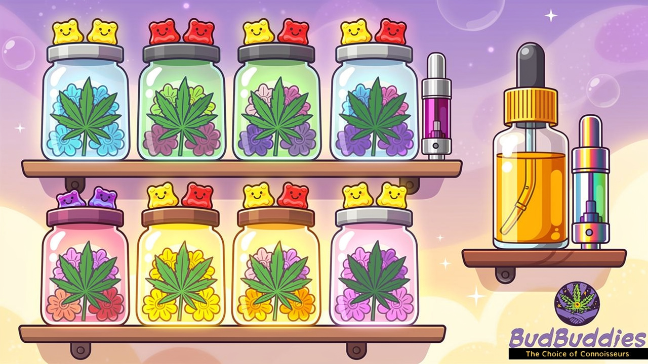 Cartoon display of cannabis flower, edibles, vapes and CBD products