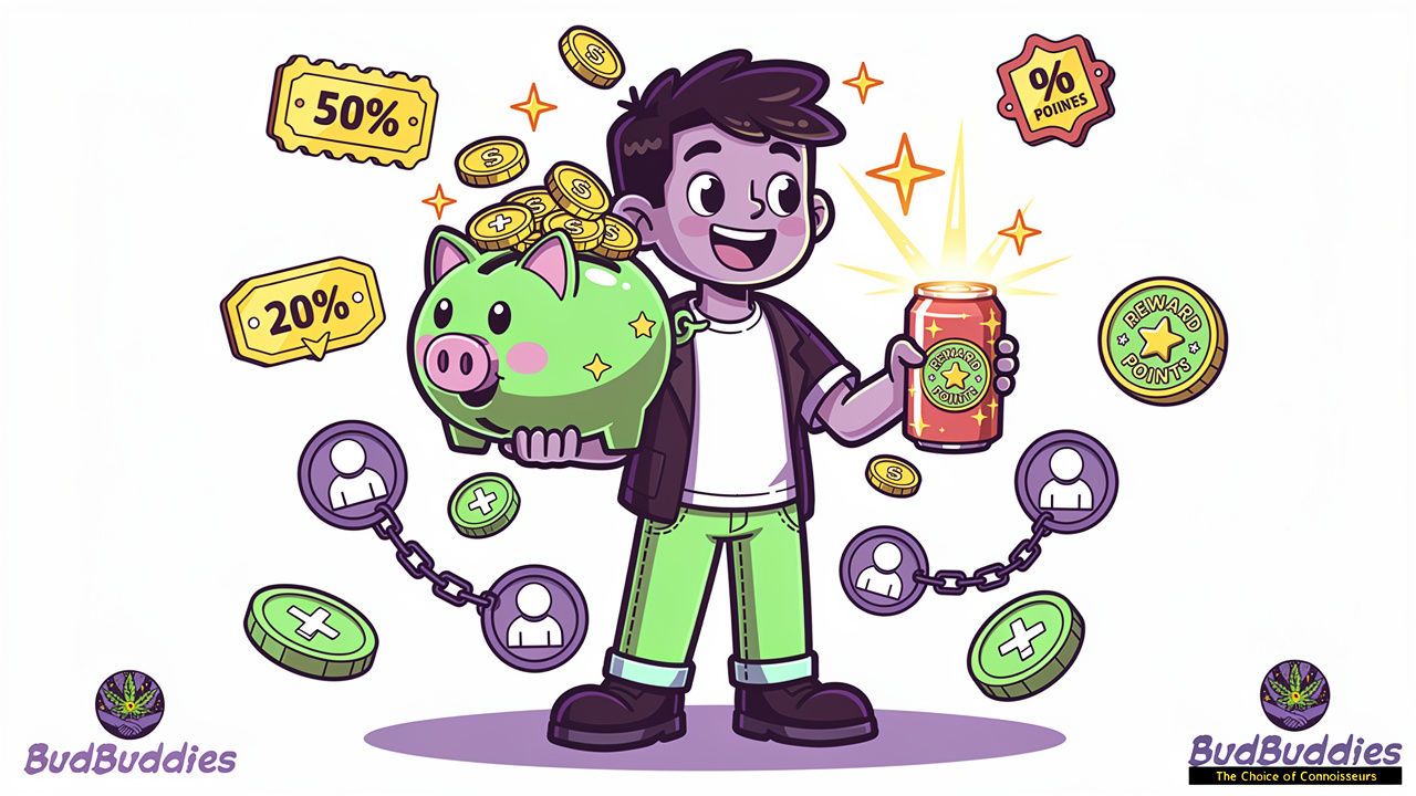 BudBuddies rewards stacking coins and discount icons