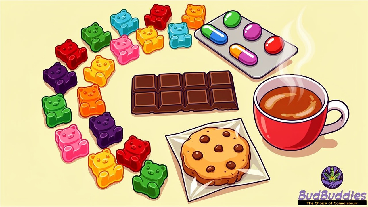 Range of BudBuddies THC edible formats gummies chocolates capsules