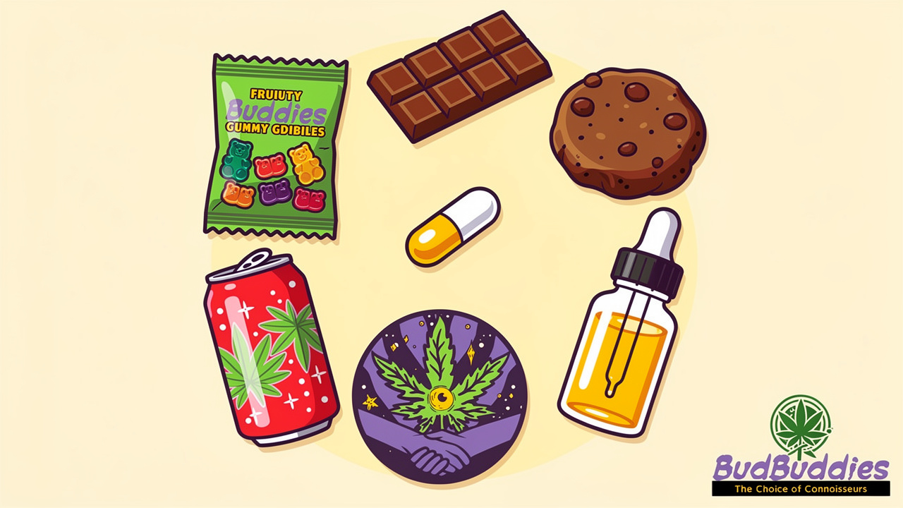Cartoon flat-lay of various BudBuddies THC edible formats