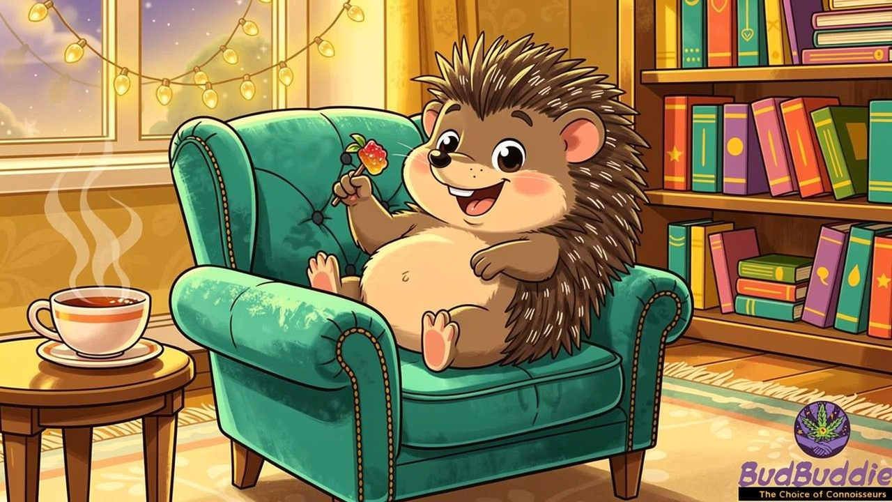 Cartoon hedgehog relaxing with THC gummy in cosy armchair