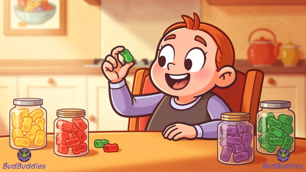 Cartoon character inspecting a colourful THC gummy sweet