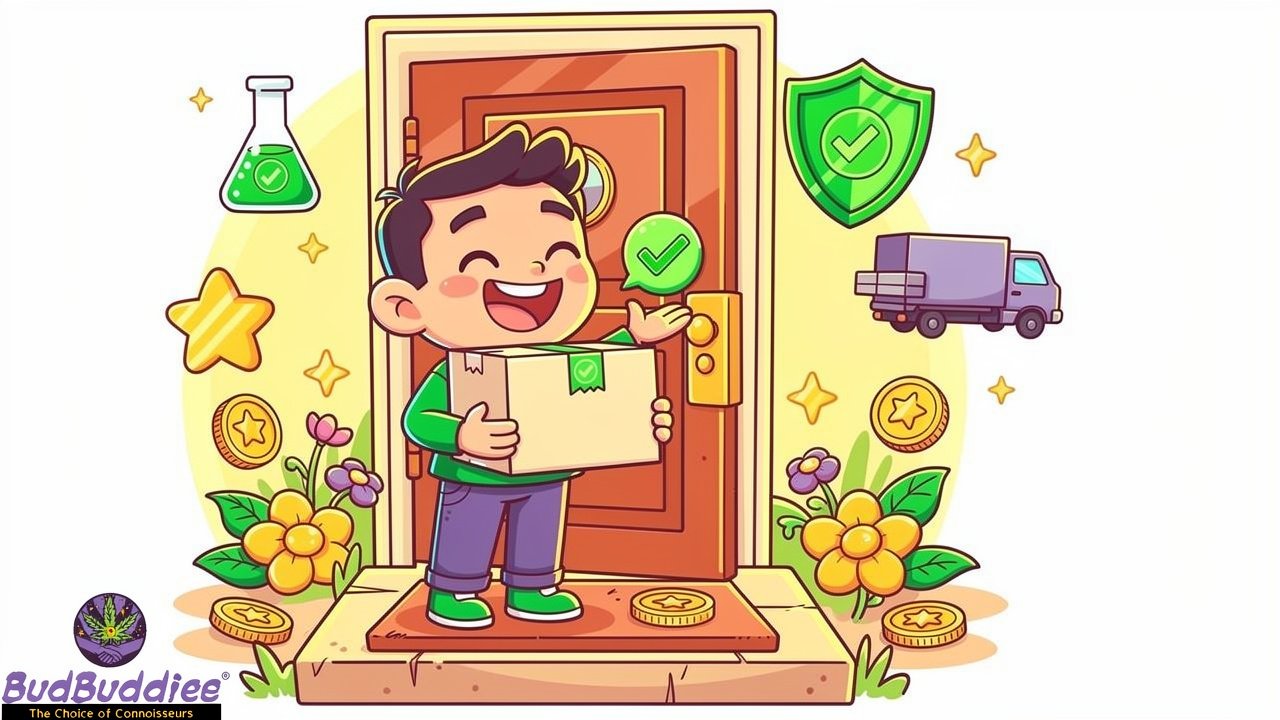 Friendly cartoon character receiving safe, lab-tested cannabis delivery