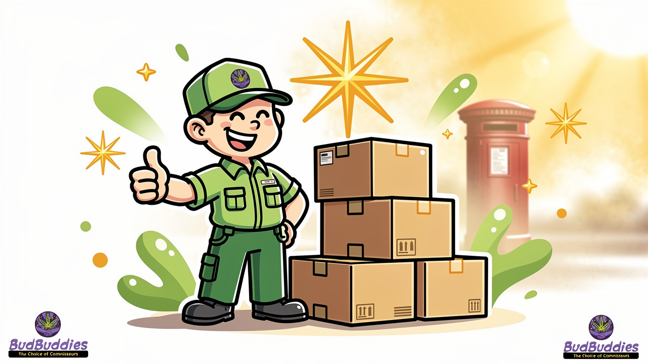Friendly cartoon courier delivering discreet cannabis parcels across the UK