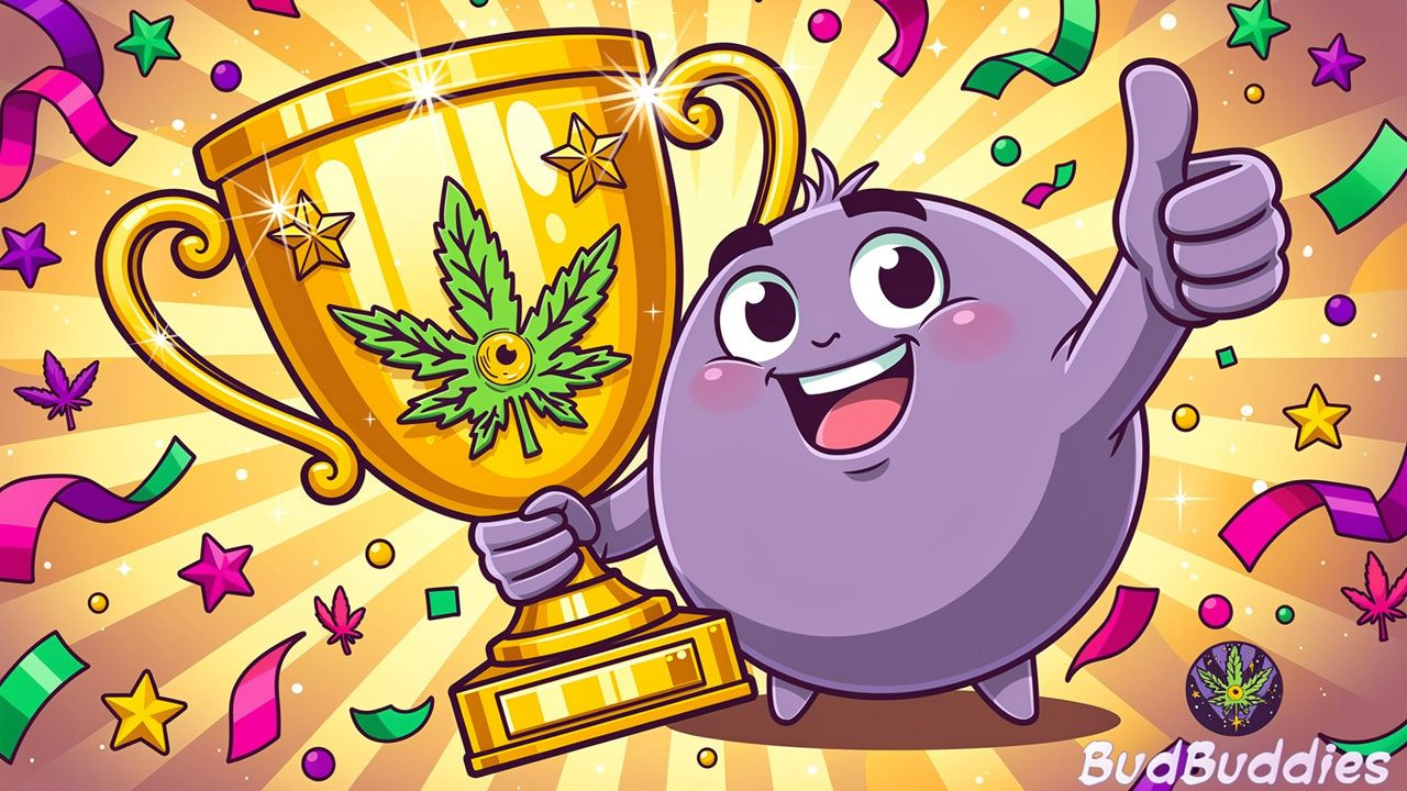 Cheerful cartoon character celebrating verified cannabis quality with trophy