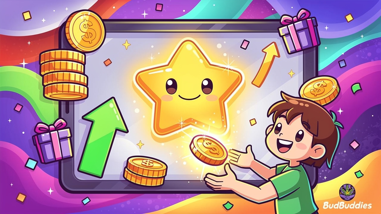 Cartoon loyalty rewards programme with gold coins and gifts