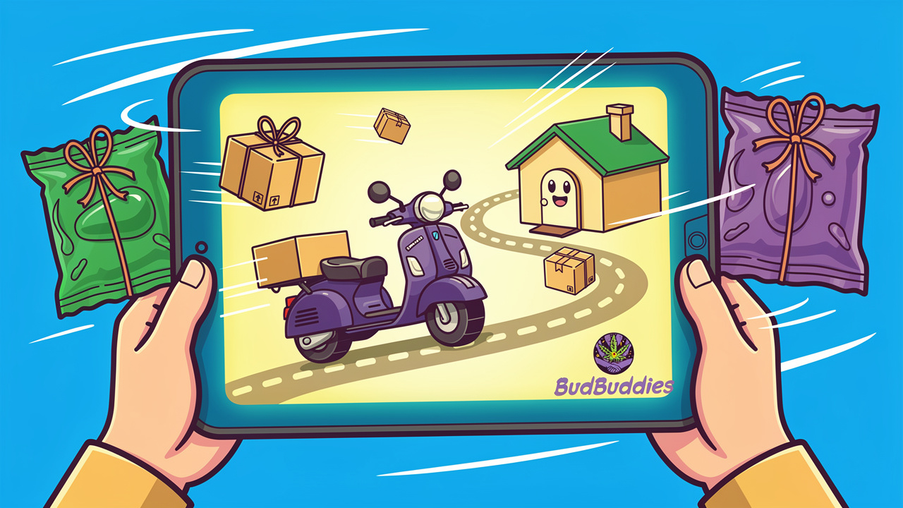 Cheerful cartoon of discreet online cannabis edibles delivery in the UK