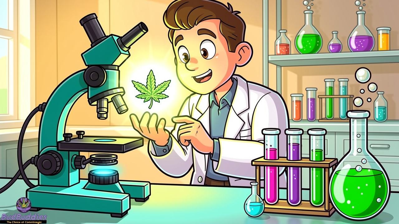 Cartoon scientist testing cannabis samples in a colourful lab