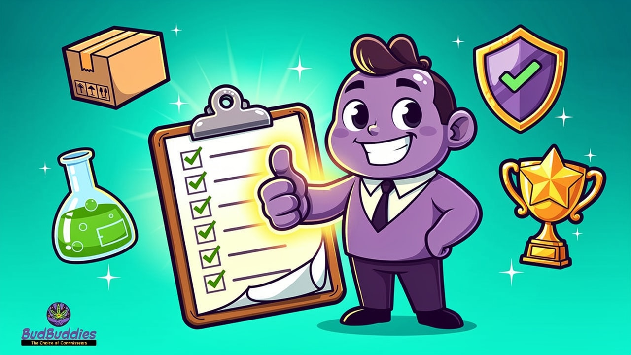Cartoon character giving thumbs up for trusted cannabis dispensary criteria