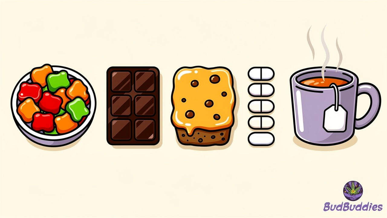 Five types of cannabis edibles including gummies, chocolate, and capsules