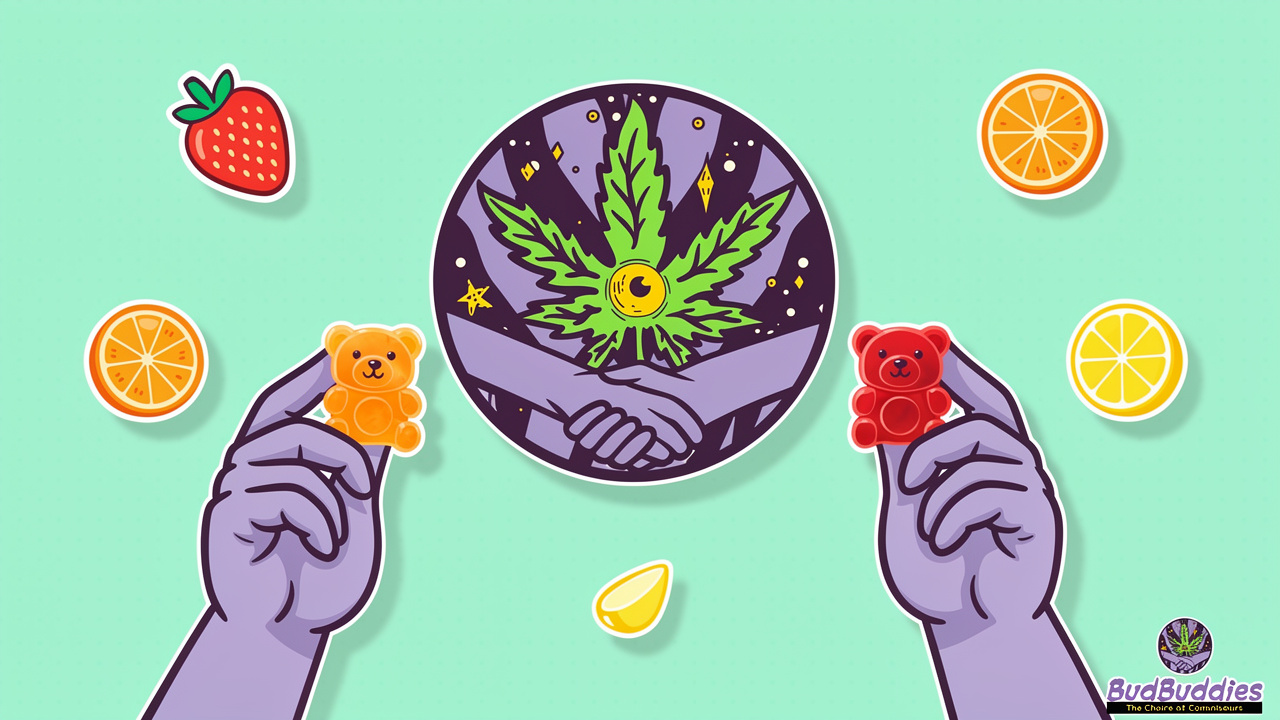 Cartoon character enjoying a cannabis gummy sweet discreetly