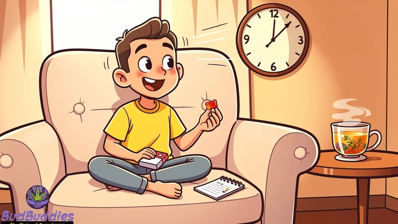 Cartoon character dosing cannabis gummy safely and waiting patiently