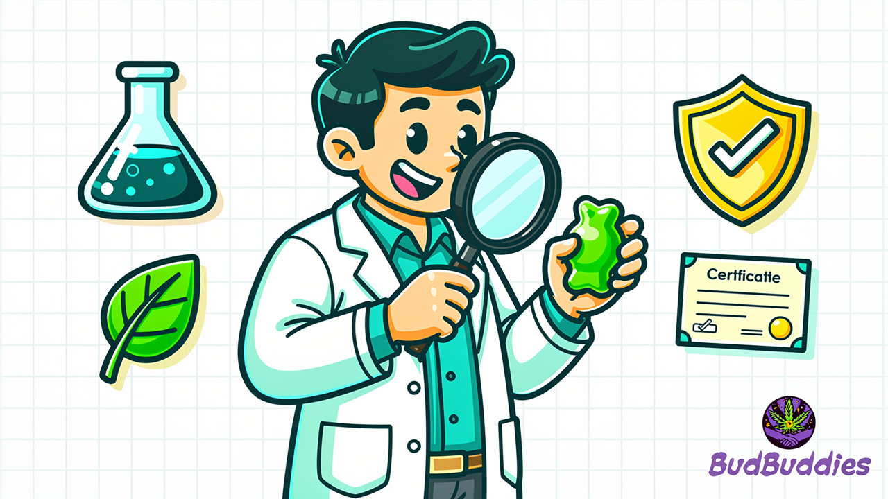 Cartoon scientist checking cannabis gummy quality and lab results