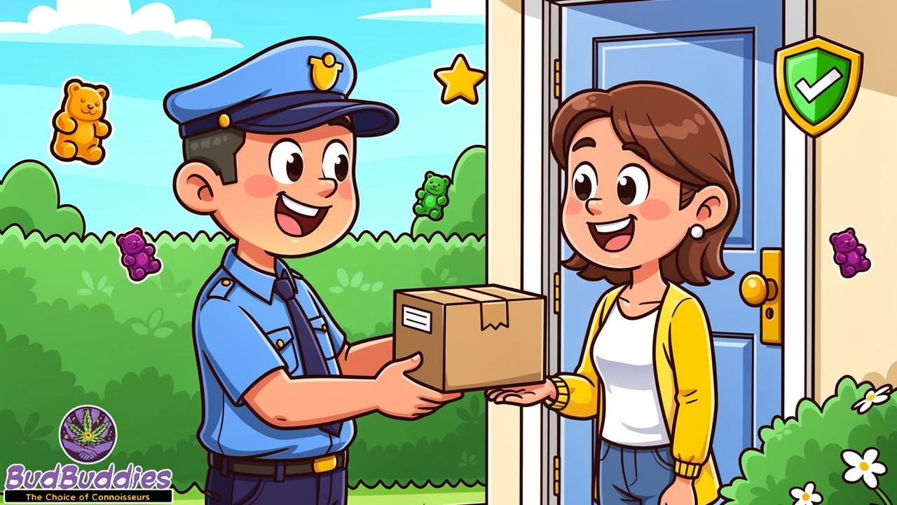 Cartoon showing discreet cannabis gummy delivery to UK customer