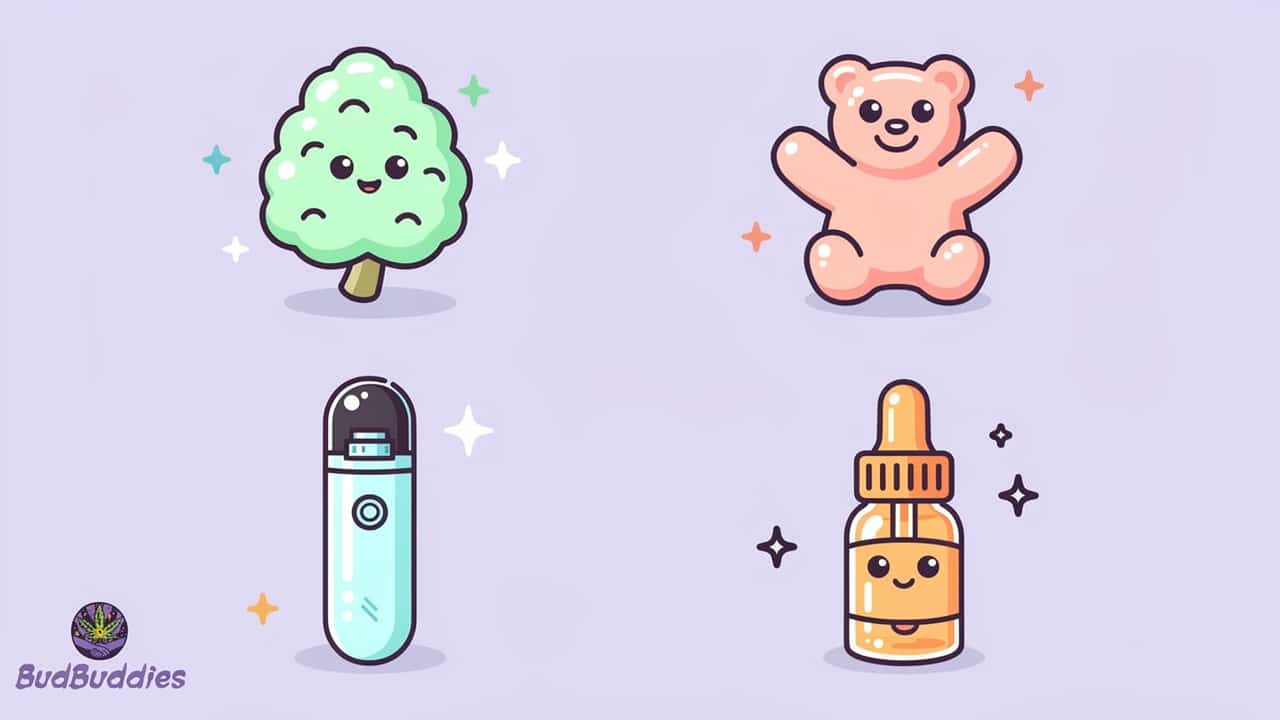Cartoon comparison of cannabis flower edibles vapes and CBD products