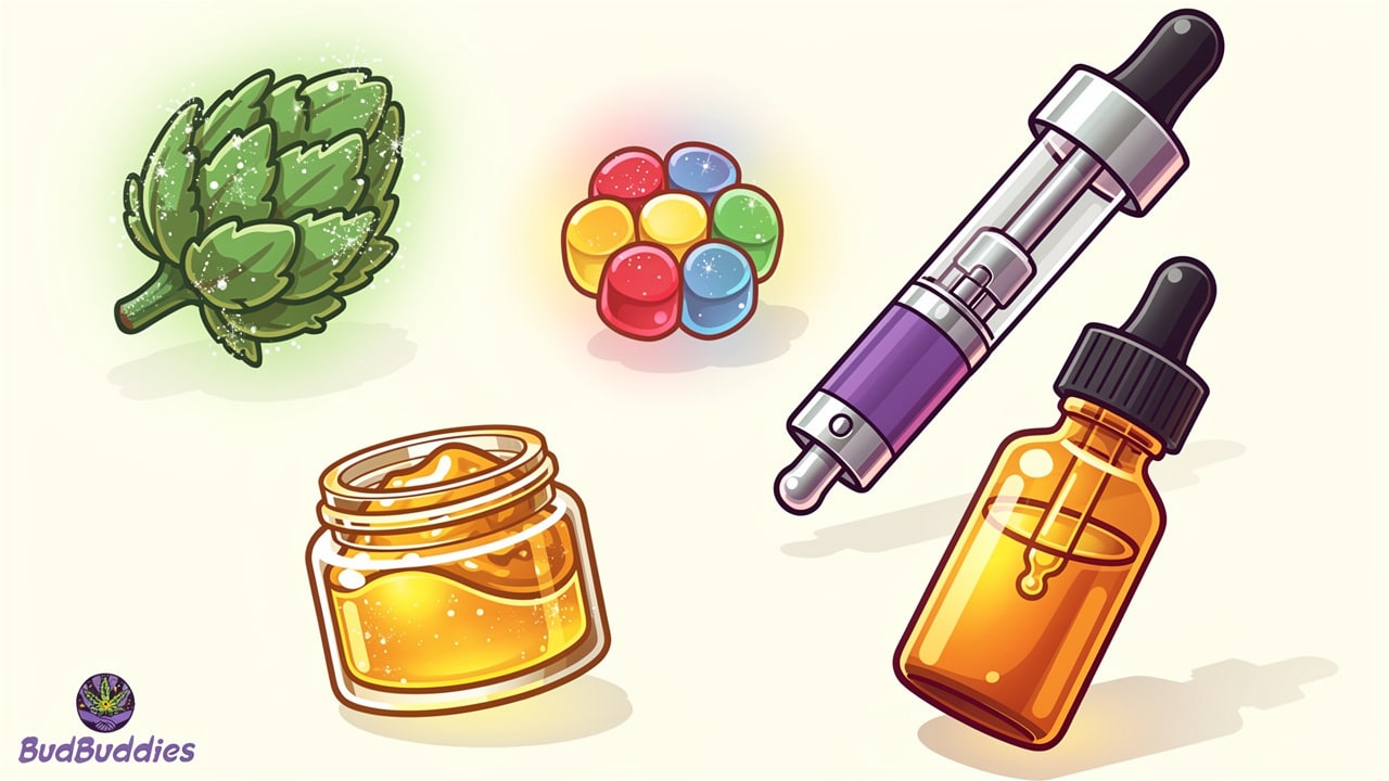 Cartoon cannabis product formats including flower, edibles, and vapes