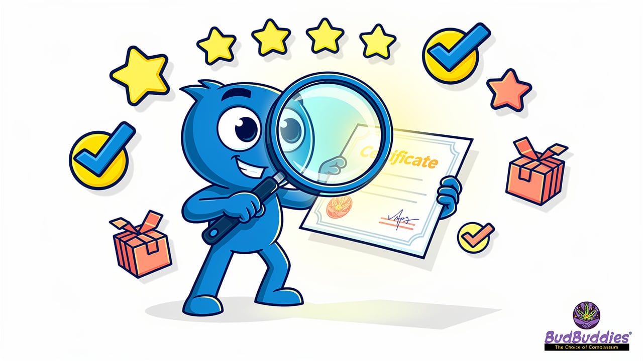 Cartoon character inspecting cannabis dispensary review quality signals
